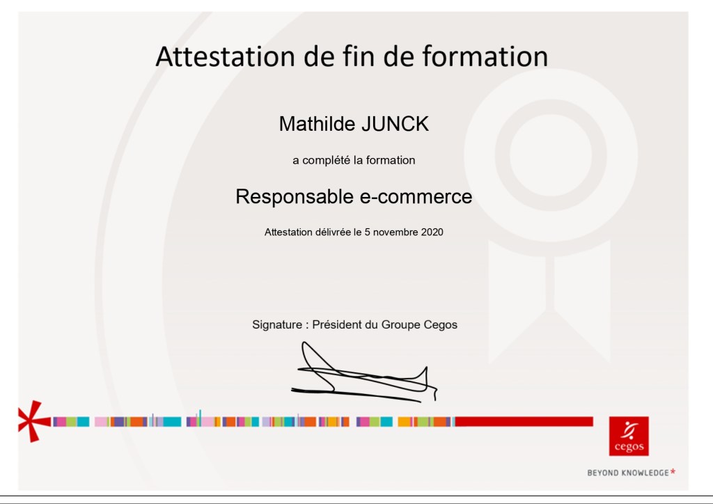 Attestation de fin de formation Responsable E-commerce